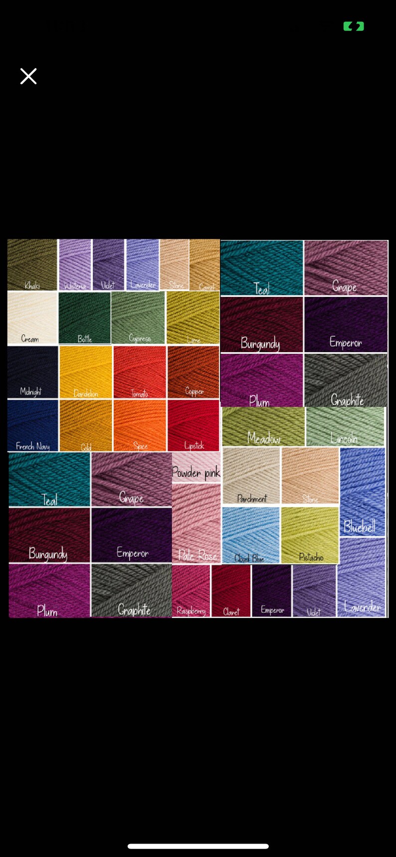 May include: A colour chart displaying yarn skeins in a variety of shades, such as Khaki, Teal, Burgundy, and Plum. Each colour is labelled, providing a wide selection for knitting and crochet projects.