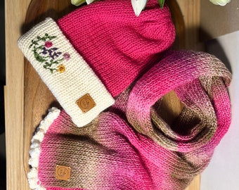 Hand Embroidered Wool Beanie and Scarf Set | Winter Knit Gift