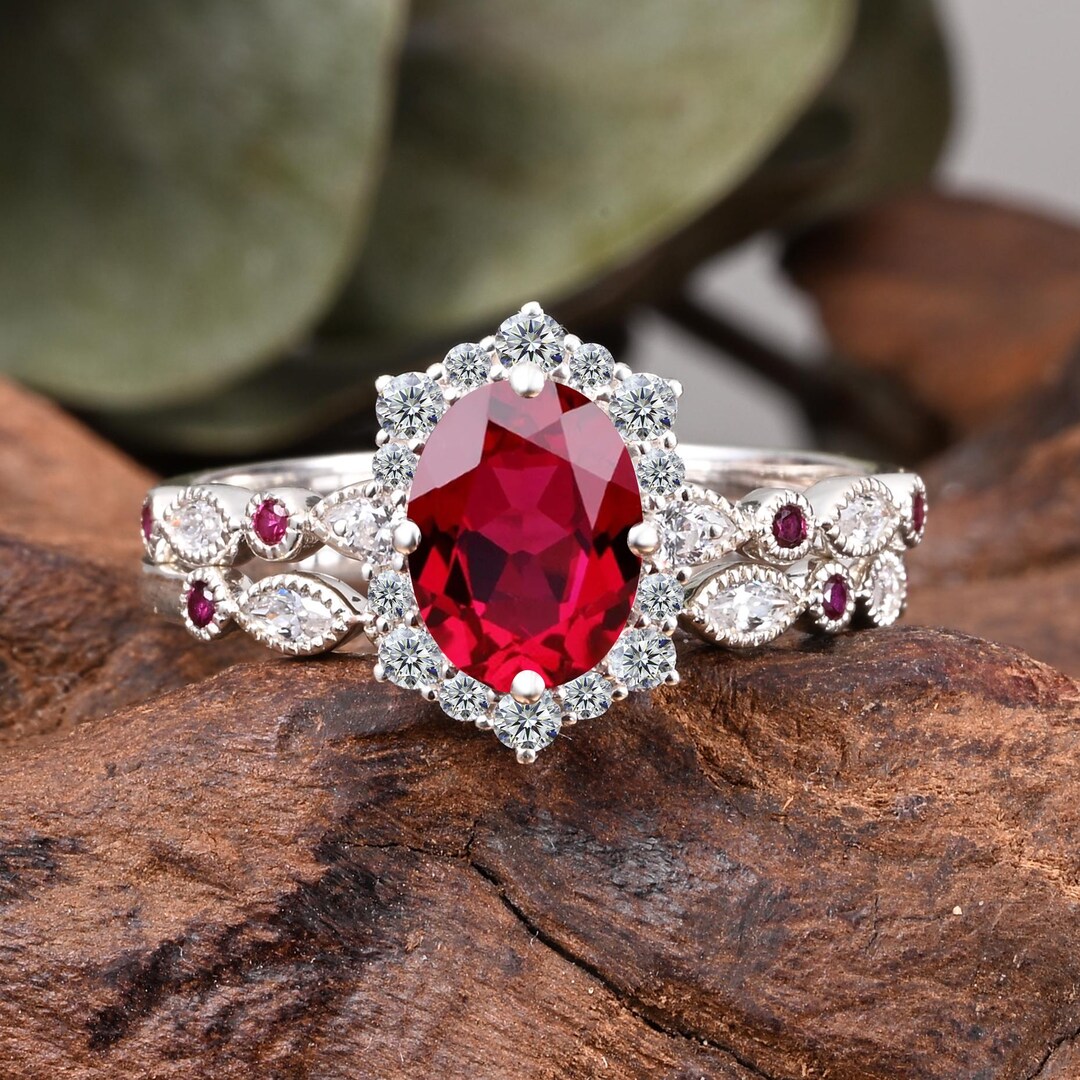 Ruby Rings Set Vintage Ruby Engagement Ring Set Oval Cut Red Ruby Ring Set Unique ...
