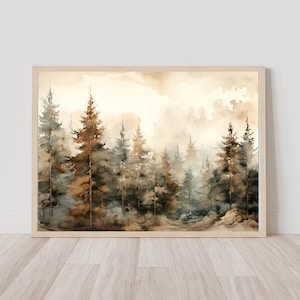 May include: A watercolour painting depicting a forest scene with tall trees in shades of brown, green, and blue. The trees are enveloped in a misty atmosphere, creating a sense of depth and tranquillity.