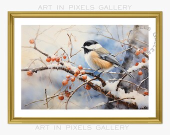 May include: A watercolour painting of a chickadee perched on a snow-covered branch with red berries. The bird is facing to the right and has a black cap and bib. The background is a soft blue and white.