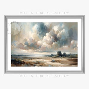 Abstract Impressionism Digital Art, Vintage Landscape with Sweeping Sky & Sunset, Printable Serene Meadow Painting for Home Decor Gift