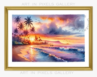 Hawaiian Sunset Paradise Watercolor Print, Vintage Hawaii Beach Digital Download, Relaxing Wall Art for Home Decor, Housewarming Gift Idea