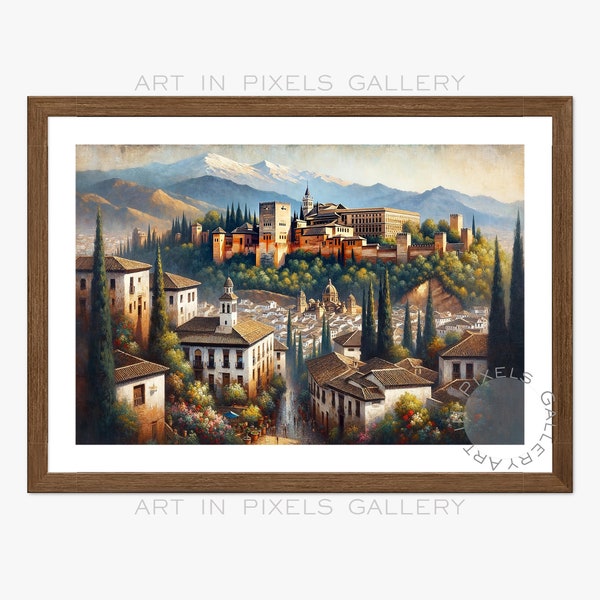 Printable Watercolor Alhambra Art, Vintage Granada Cityscape, Digital Spanish Landscape for Home Decor, Unique Housewarming Gift