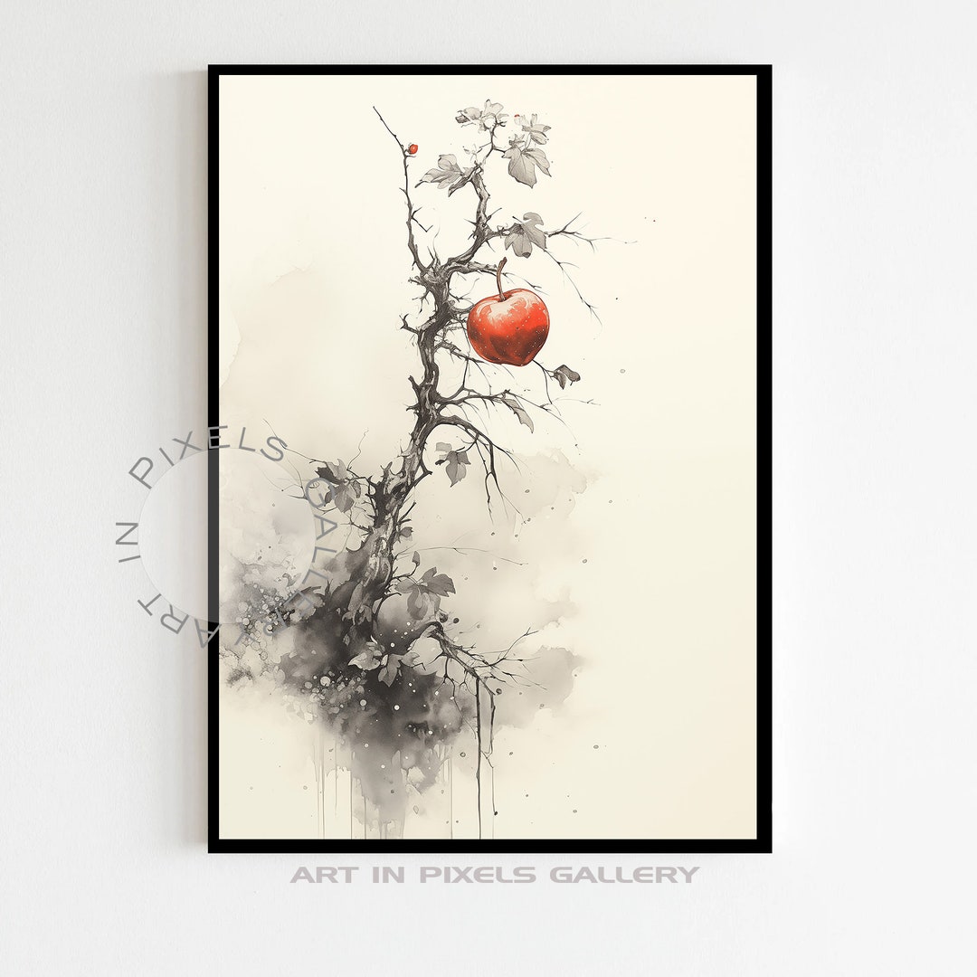 Ethereal Apple Branch Art - Vintage Chinese Ink Style Digital Print ...