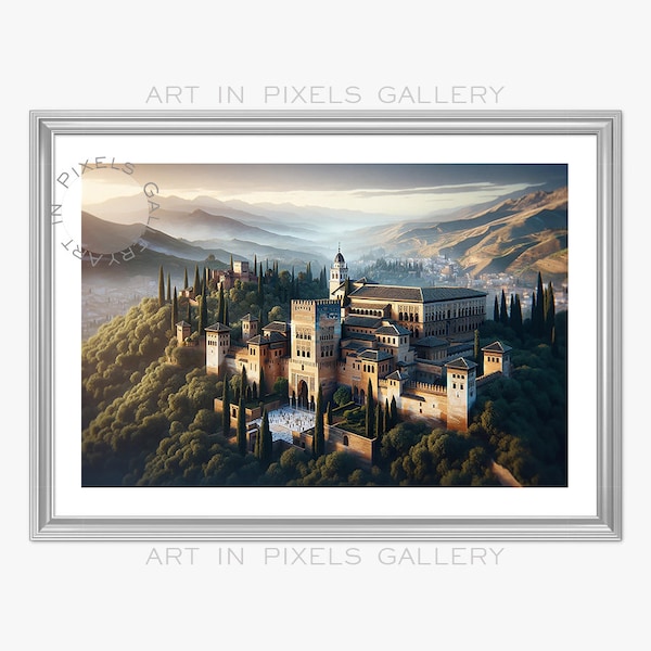 The Alhambra Digital Download, Golden Hour Spanish Landscape, Printable Moorish Architecture Art for Home Decor, Unique Housewarming Gift