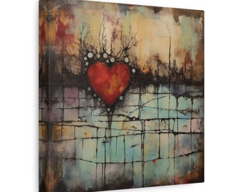 Valentinstag Herz Leinwand Wand Kunst Druck Abstrakte Wandkunst Mixed Media Gemälde von Grunge Herz Leinwand Punk Valentinstag Geschenk Rotes Herz Kunst