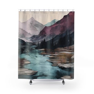 Watercolor Mountain Landscape Shower Curtain River Shower Curtain Landscape Zen Watercolor Bathroom Decor for Modern Bathroom Mountain River