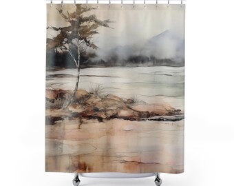 May include: A watercolour painting of a misty lake scene with a lone tree on a rocky shore. The colours are muted browns, greys, and greens.