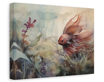 Fighting Fish Painting Betta Fish Watercolor Canvas Print of Fish Muted Aquarium Painting Zen Fish Art Fish Lover Gift for Fish Enthusiast