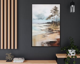 Lake Shore Watercolor Painting Canvas Wall Art Print Waterfront Rustic Wall Art Lake Painting Landscape Canvas Print Landscape Abstract