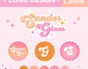 May include: A logo design for "Sander Glam" with a pink and orange color scheme. The logo features a stylized font with a retro feel. The design includes a starburst pattern and a color palette with shades of pink and orange.