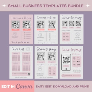 May include: A set of six printable templates for small businesses. The templates include a price list, a scan to pay option, a connect with us section, and a leave us a review section. The templates are designed in a pink and white color scheme with a minimalist aesthetic.