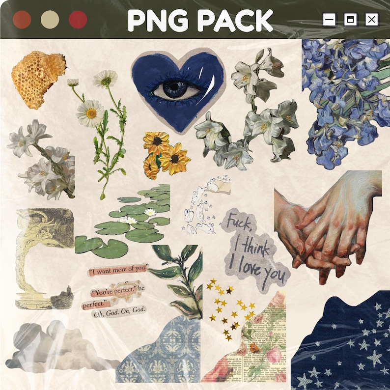 May include: A collection of digital art elements, including floral illustrations, a blue heart with an eye, and text that reads "PNG PACK". Other elements include a honeycomb, daisies, and the phrase "I love you."