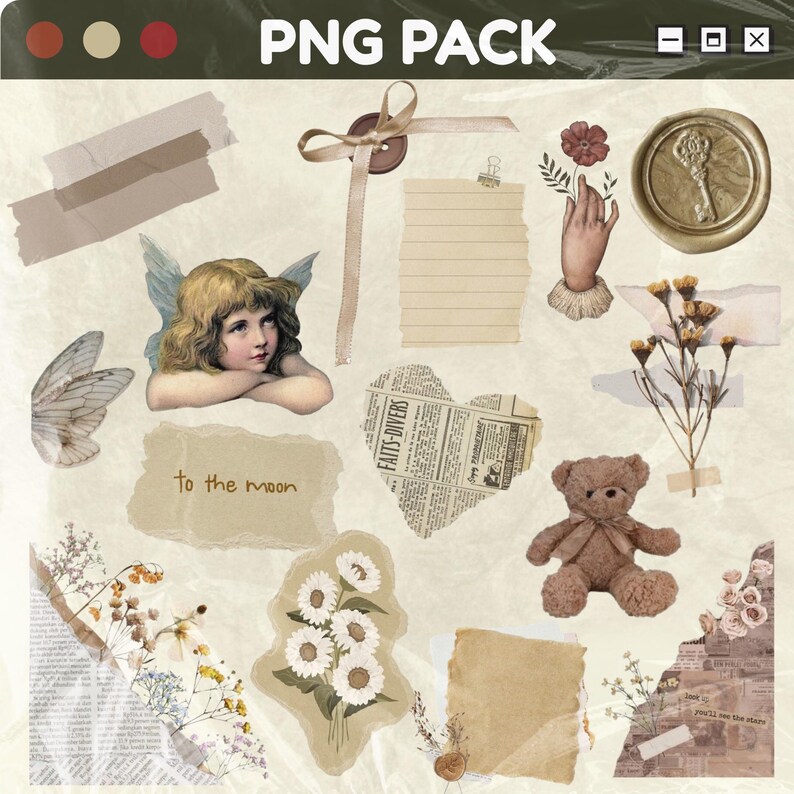 May include: A collection of vintage-style PNG graphics, including a cherub, teddy bear, butterfly, floral elements, and paper ephemera. The text "PNG PACK" is at the top. The color palette includes beige, brown, and red accents.