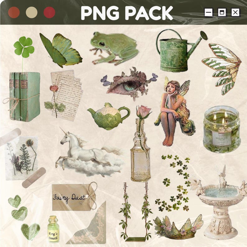 May include: A collection of whimsical PNG images featuring a green frog, butterfly, fairy, and a unicorn. Other elements include a teapot, rose in a bottle, a candle, and a fairy crown. The text "PNG PACK" is at the top.