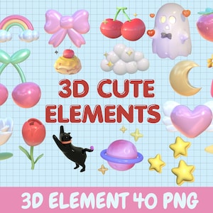 Set mit 40 niedlichen 3D-Elementen - 3D-Clipart-PNG-Dateien, lustige digitale Downloads 3D Y2K, digitale Planer-Aufkleber / Clipart