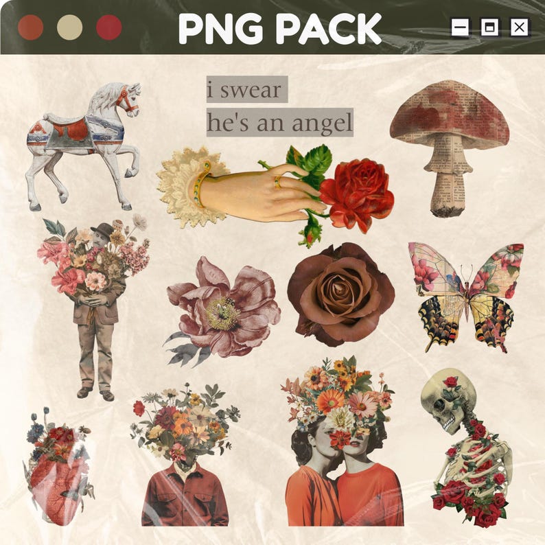 May include: A PNG pack featuring various vintage-style illustrations. Includes a carousel horse, a hand holding a rose, a mushroom, a butterfly, floral arrangements, and figures with floral heads. The text "i swear he's an angel" is also present.