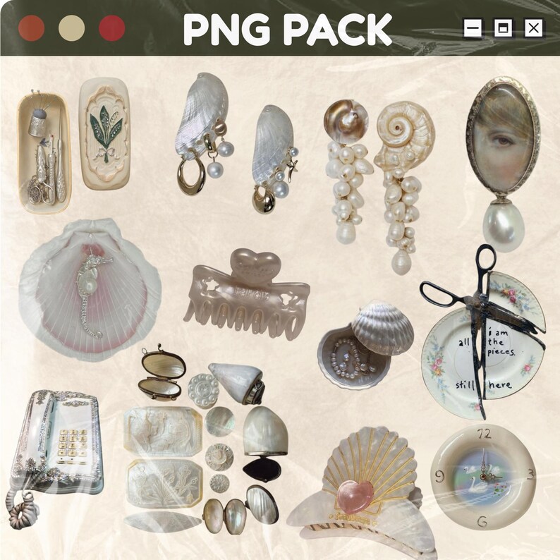 May include: A collection of various decorative items, including earrings, hair clips, and seashells. The image features a variety of colors, including white, gold, and pink. The text "PNG PACK" is at the top of the image.