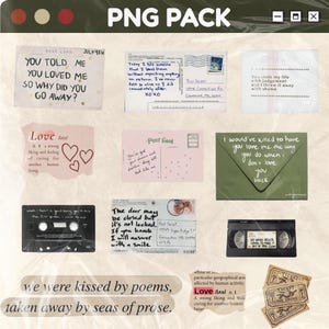 May include: A collection of vintage-style ephemera, including postcards, notes, and tickets. The items feature handwritten text, hearts, and quotes about love and loss. The color palette includes beige, pink, and green.