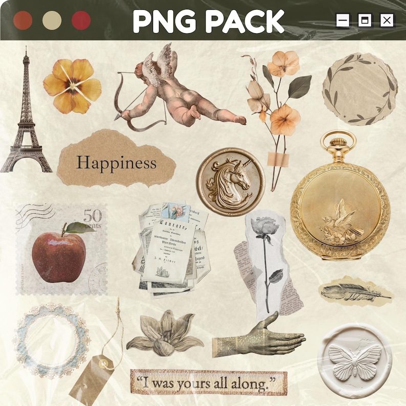 May include: A collection of vintage-style PNG graphics, including a golden pocket watch, a cherub with a bow and arrow, a watercolor flower, a stamp with an apple, and the text "Happiness".