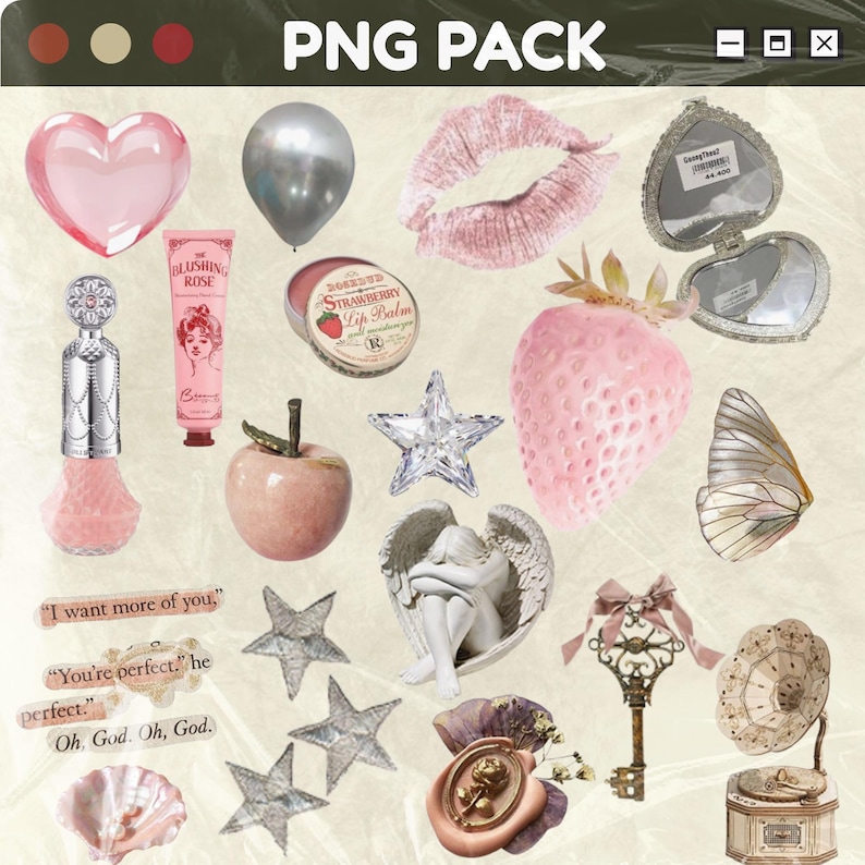 May include: A collection of various pink and silver-toned objects, including a heart, balloon, lips, compact mirror, perfume bottle, lip balm, strawberry, star, angel statue, key, and gramophone. The text "PNG PACK" is at the top.