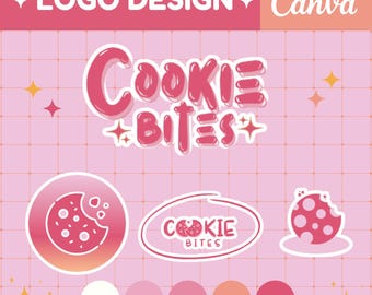 Może przedstawiać: Projekt logo w kolorze różowym i białym dla firmy o nazwie "Cookie Bites". Logo przedstawia ciasteczko z ukąszonym kawałkiem i tekst "Cookie Bites" w zabawnym kroju pisma. Logo jest otoczone różowo-białym wzorem siatki, a pod logo znajduje się kilka różowych i białych próbek kolorów.