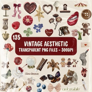 Bundle PNG esthétique vintage 135, pack de cliparts éphémères rétro, autocollants transparents de scrapbooking, collage Junk Journal en téléchargement numérique