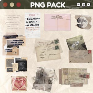 May include: A collection of vintage-style ephemera, including postcards, receipts, stamps, and handwritten notes. The items feature faded colors, textures, and text, with a focus on a nostalgic aesthetic. The text "PNG PACK" is at the top.