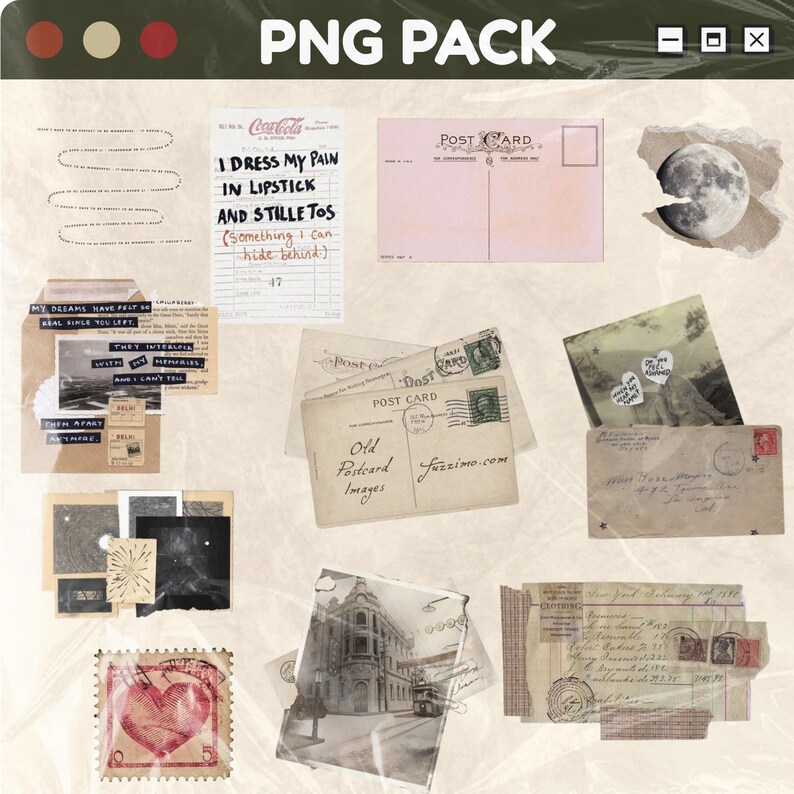 May include: A collection of vintage-style ephemera, including postcards, receipts, stamps, and handwritten notes. The items feature faded colors, textures, and text, with a focus on a nostalgic aesthetic. The text "PNG PACK" is at the top.