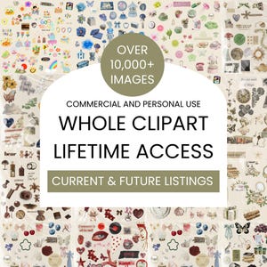 Puede incluir: Un collage de varias imágenes prediseñadas, incluyendo flores, osos y texto. La imagen presenta el texto "OVER 10,000+ IMAGES", "WHOLE CLIPART LIFETIME ACCESS" y "CURRENT & FUTURE LISTINGS". El clipart es para uso comercial y personal.