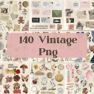 May include: A collage of vintage-themed PNG graphics, including angel illustrations, handwritten notes, flowers, and a teddy bear. The text "140 Vintage Png" is displayed on a pink banner. Other elements include a mushroom, an apple, and a butterfly.
