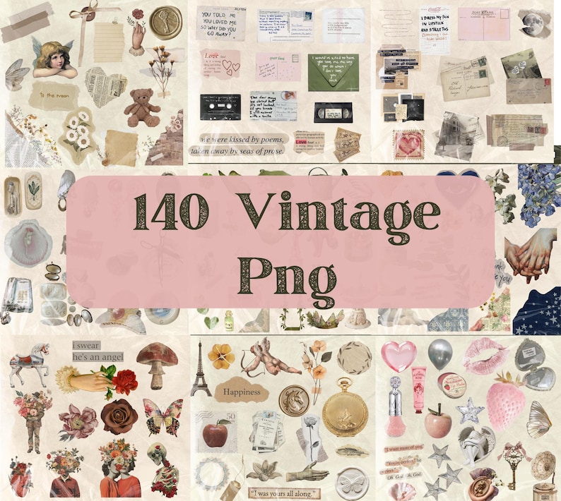 May include: A collage of vintage-themed PNG graphics, including angel illustrations, handwritten notes, flowers, and a teddy bear. The text "140 Vintage Png" is displayed on a pink banner. Other elements include a mushroom, an apple, and a butterfly.