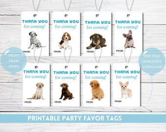 May include: Printable thank you tags featuring various dog breeds. The tags are white with blue text that reads "Thank you for coming!" and "From:".
