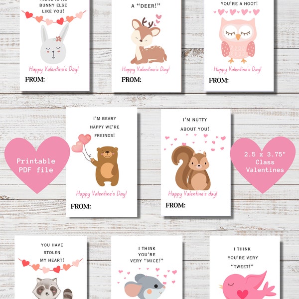 Woodland Animals, Animal Valentines, Nature Valentine's, Animal cards, Kids Valentines, Class Valentines