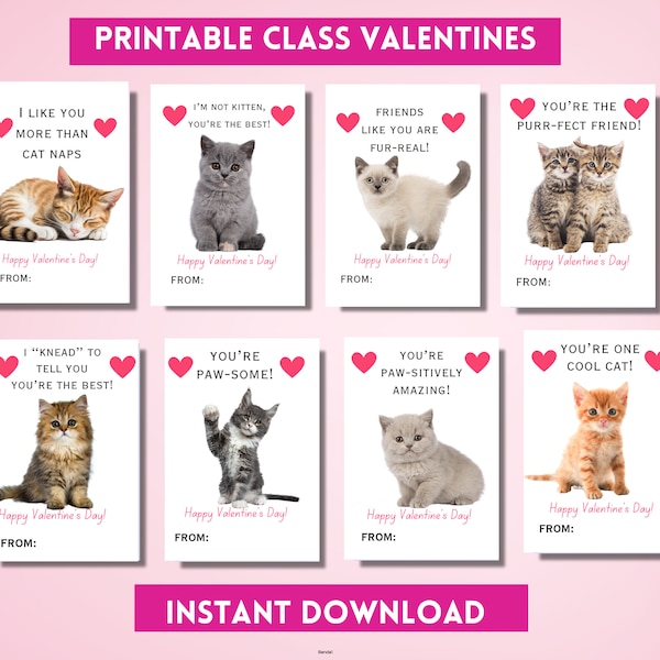 Kitten Valentines Cards, Cat Valentines, Kids Valentines, Class Valentines, Cute Valentines