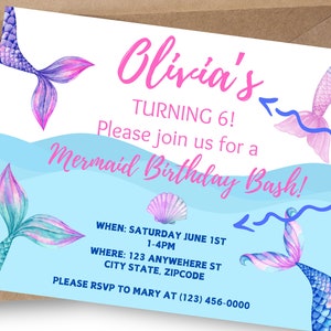 Mermaid Birthday Invites, Editable & Printable
