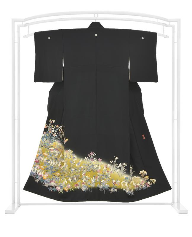 Vintage Kaga Yuzen Black Tomesode Kimono Hand painted Silk Floral 