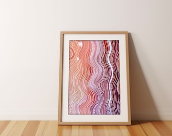 May include: A framed print of an abstract painting with a wavy, layered design in shades of pink, red, and orange. The painting features white dots and lines throughout the design.