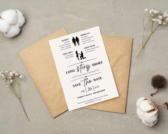 Puede incluir: Una invitación de boda crema con texto e ilustraciones en negro, colocada sobre un sobre marrón. La tarjeta incluye detalles sobre la pareja, la fecha y el lugar. Los elementos decorativos incluyen algodón, flores secas y una piña.