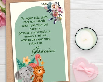 Spanish Favor Cards,candle favor card,Elephant Babyshowercard,Editable Spanish candlecard,Velita favor tag,Boho floral Babyshower decoration