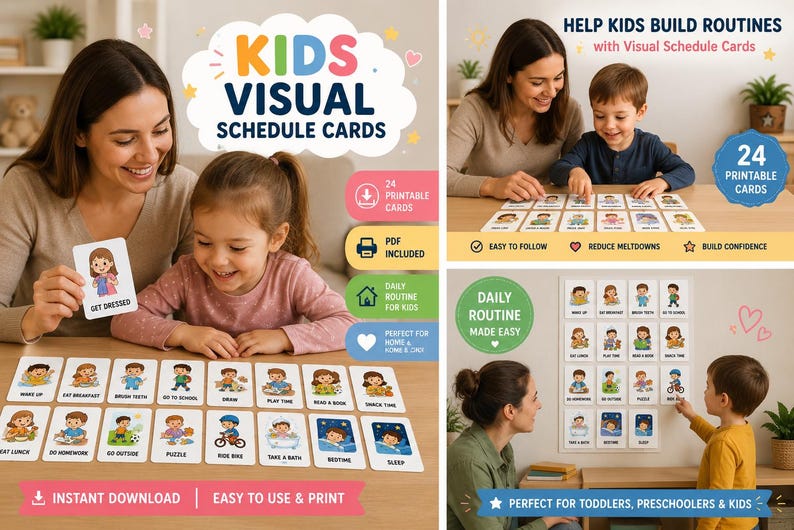Kids Visual Schedule Cards | 24 Printable Routine Cards | Daily Routine ...