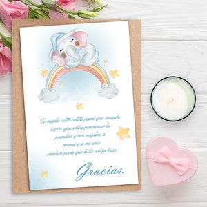 Spanische Babypartykarte,spanische Bevorzugungskarten,Recuerdo para Babypartykarte,Kerzenbevorzugungskarte,Te regalo esta velita,Regenbogenelefantenkerze