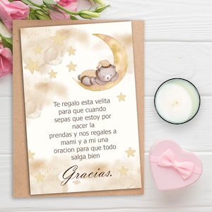Cartão de lembrança para chá de bebê espanhol, cartão de lembrança para velas espanholas, Cartão de lembrança para chá de bebê, Desejos e pagador para cartão de lembrança para bebê, cartão editável