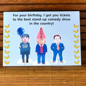 Cartão de aniversário dos comediantes de Trump, aniversário da equipe Trump para imprimir, piada de Trump Musk e Vance, alívio do estresse político, cartão de aniversário para democrata