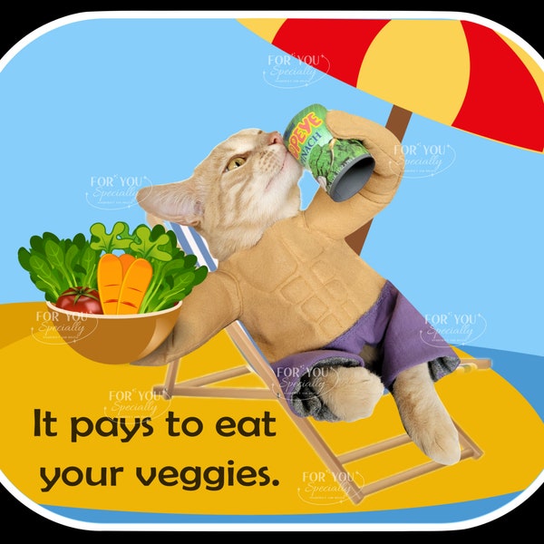 Eat your veggies cat magnet or sticker/ 6 pack abs/ muscle beach/ vegan cat/ feline wearing swimsuit/ fitness diet/ animal vegetable lover