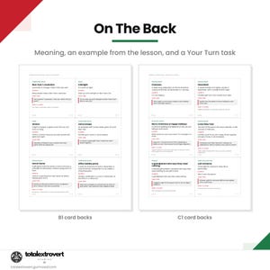 May include: Two white rectangular sheets titled On The Back, featuring educational card content. The left sheet shows B1 card backs, and the right sheet shows C1 card backs. Each card contains a term, definition, example, and a Your Turn task.