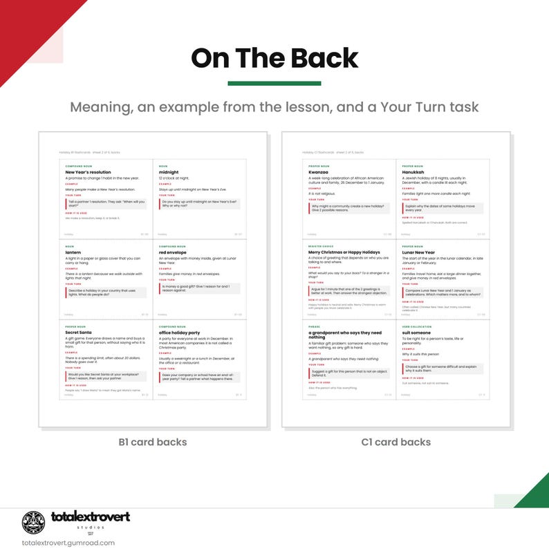 May include: Two white rectangular sheets titled On The Back, featuring educational card content. The left sheet shows B1 card backs, and the right sheet shows C1 card backs. Each card contains a term, definition, example, and a Your Turn task.