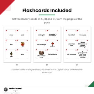 May include: A set of 100 vocabulary flashcards categorized by A1, B1, and C1 levels. The cards feature text and illustrations related to holidays and winter, including words like snow, cold, gift, tree, lantern, and Secret Santa. The layout is presented in a grid format with clear headings and labels for each proficiency level.