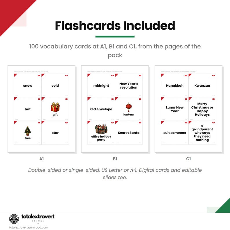 May include: A set of 100 vocabulary flashcards categorized by A1, B1, and C1 levels. The cards feature text and illustrations related to holidays and winter, including words like snow, cold, gift, tree, lantern, and Secret Santa. The layout is presented in a grid format with clear headings and labels for each proficiency level.